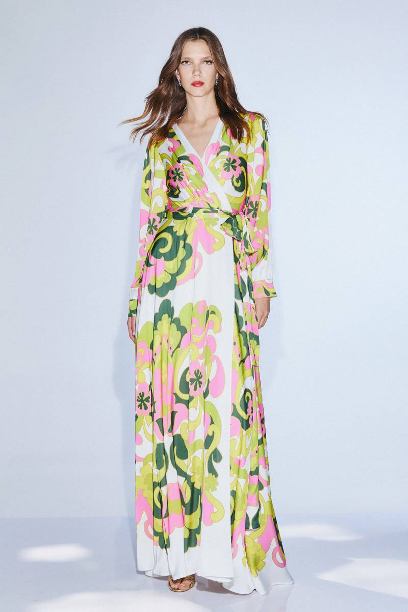 Robe de cocktail longue à imprimé rose et vert à Marseille;